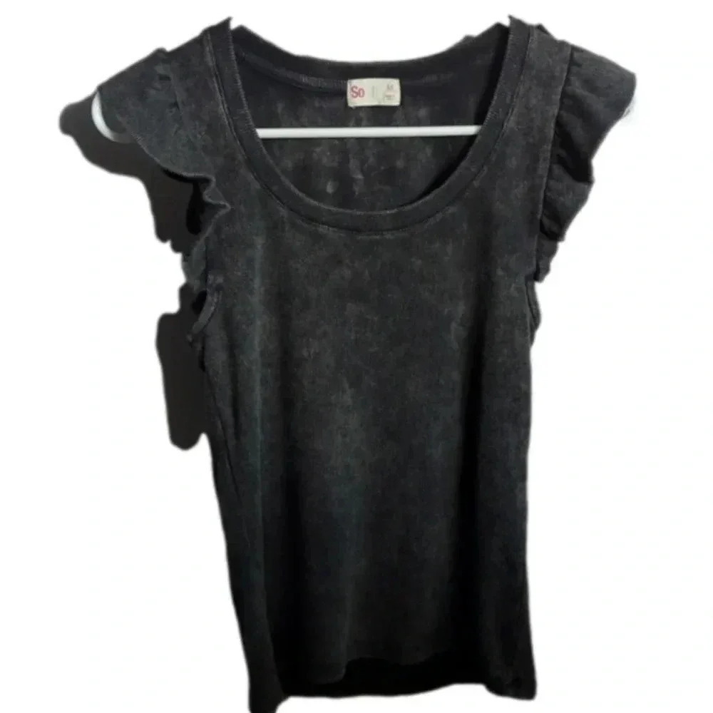 So juniors flutter sleeve mineral Black ribbed knit tee